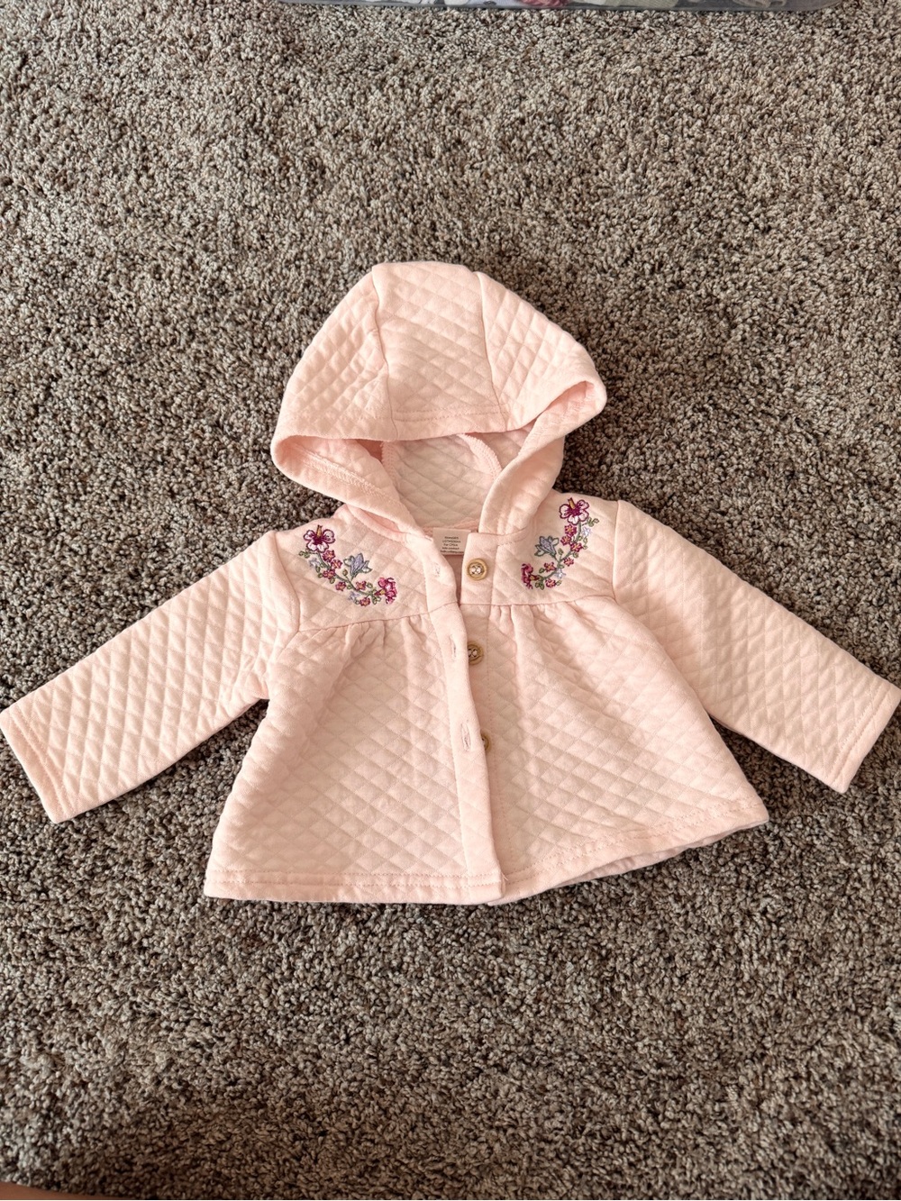 Baby Hooded Quilted Coat with Floral Embroidery - Light Pink